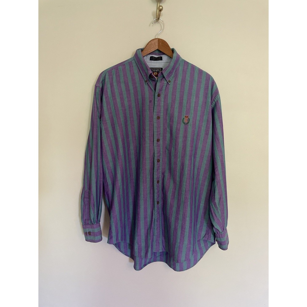 VTG Chaps‎ Ralph Lauren Green/Purple Striped Button Down. XL. Crown Logo. 90's.